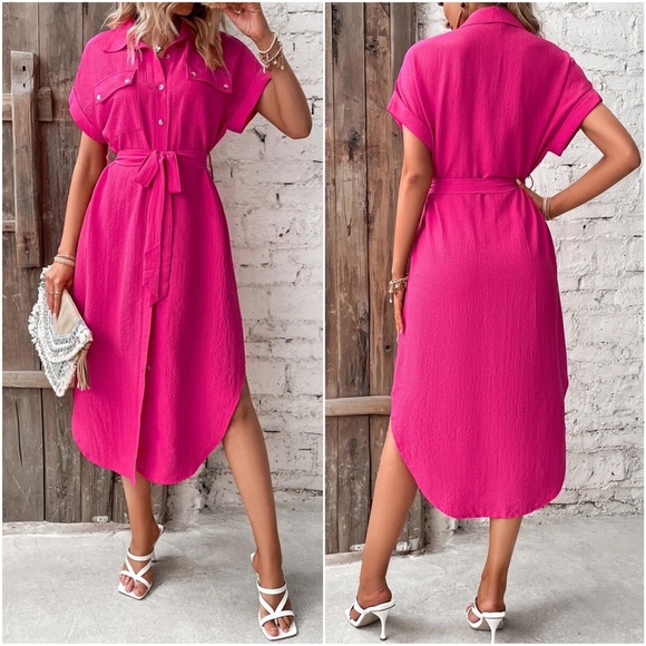 Plus Hot Pink Button up Belted Shirt Midi Dress - Picture 3 of 4